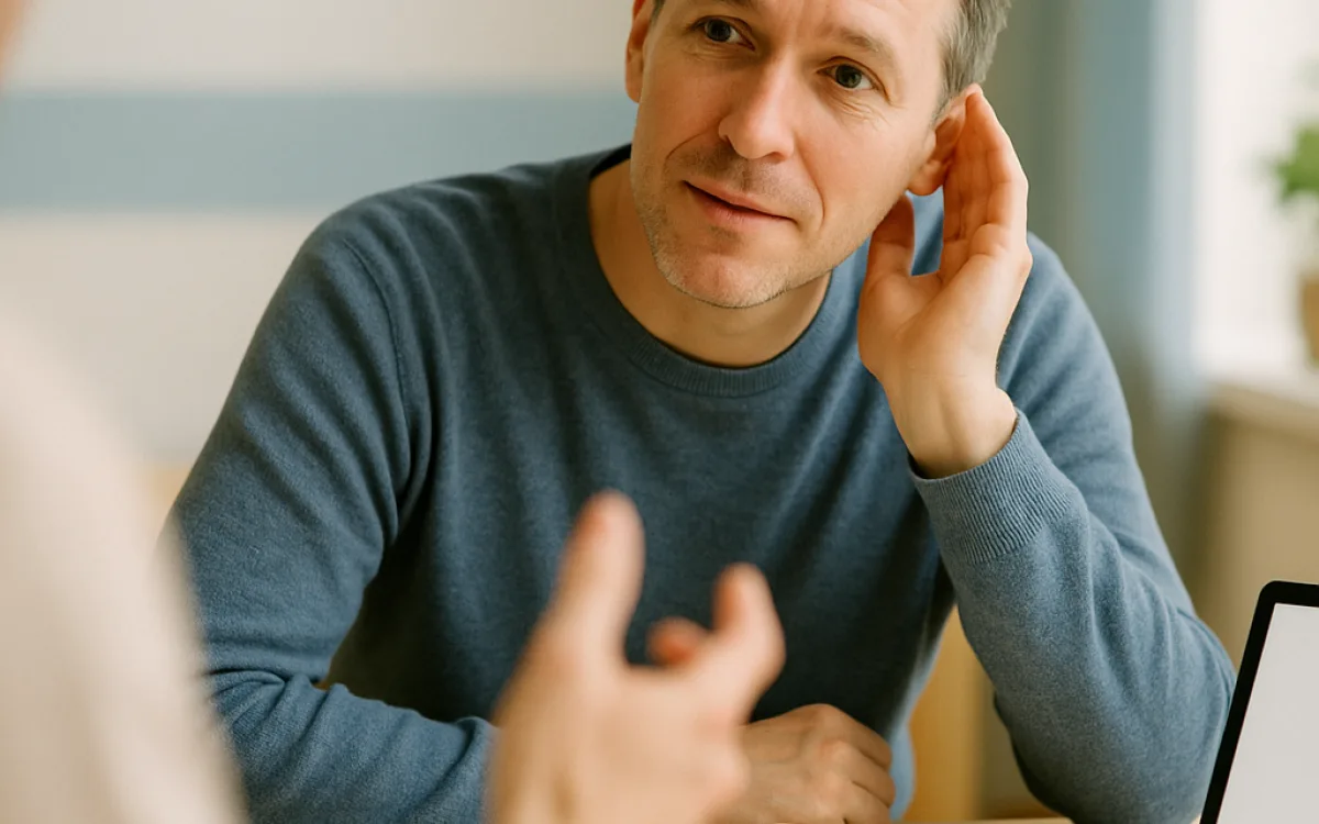 A listener leaning in to ask someone to repeat themselves