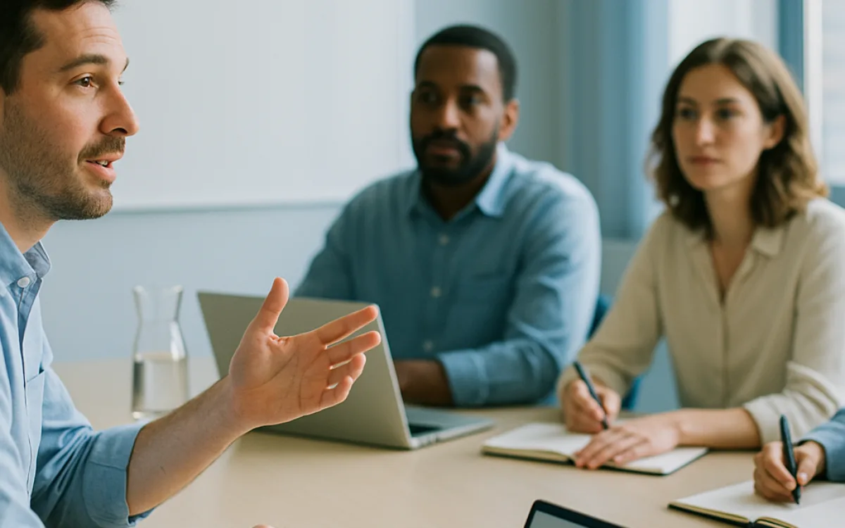 A person speaking up during a small team meeting