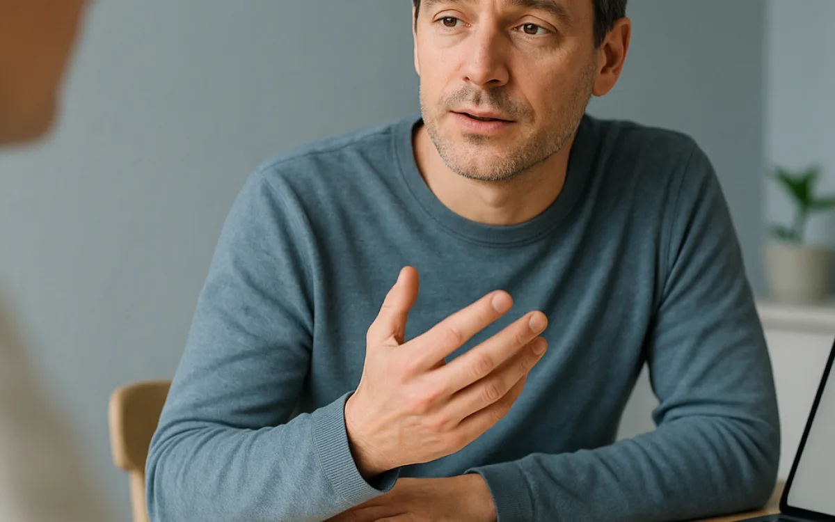 A hesitant speaker pausing mid-sentence during a conversation