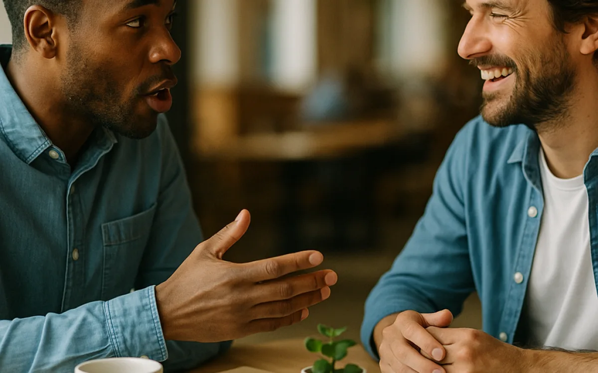 Two people talking quickly at close range in a cafe