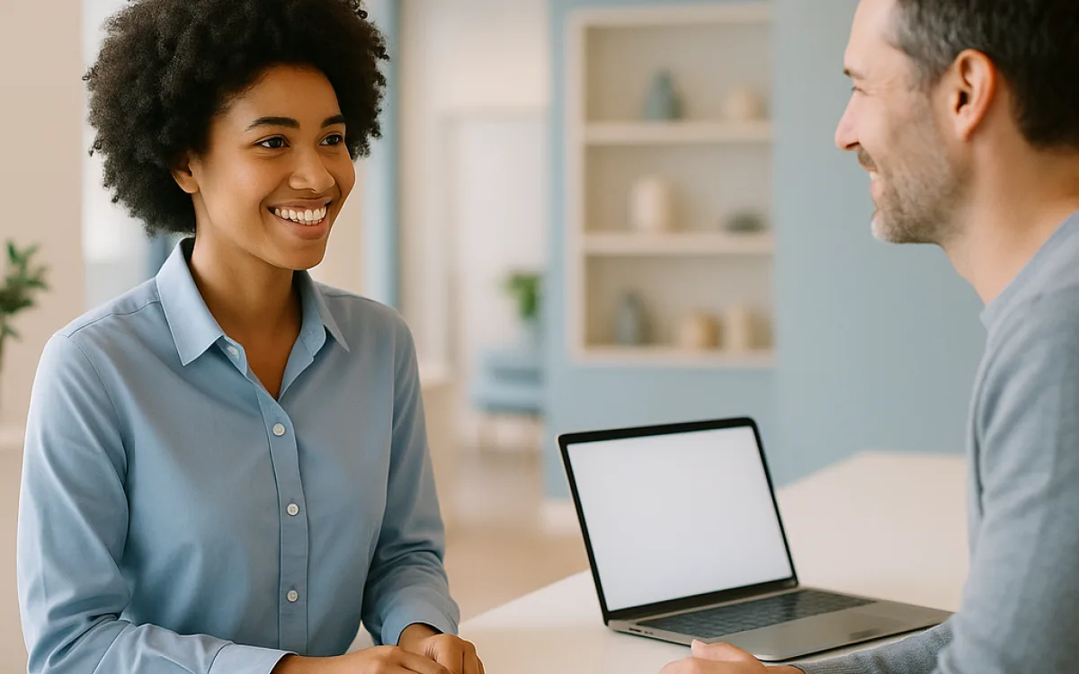 A staff member helping a customer at a service counter