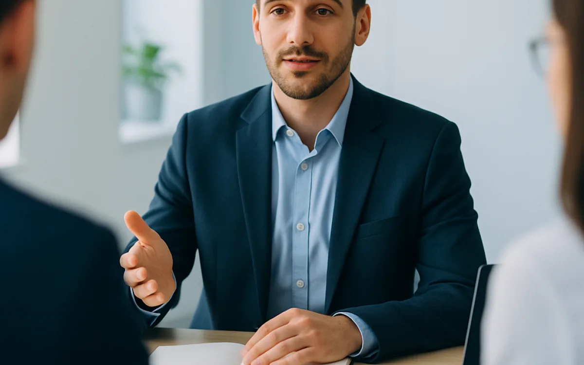 A candidate answering a question in a job interview