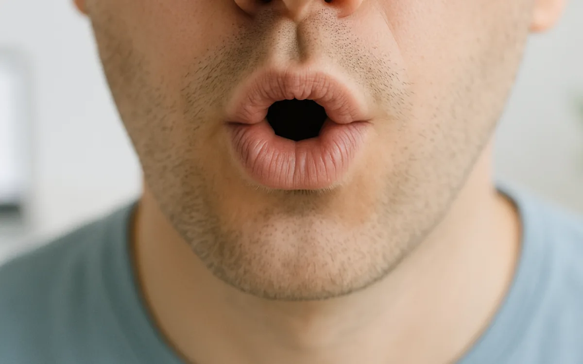 Close-up of a person mouth shaping an English vowel sound
