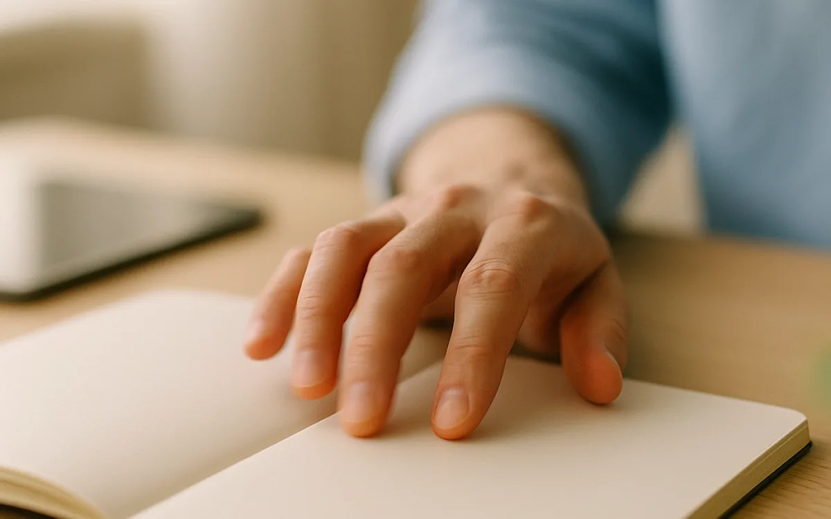 A hand tapping out the rhythm of a sentence on a table