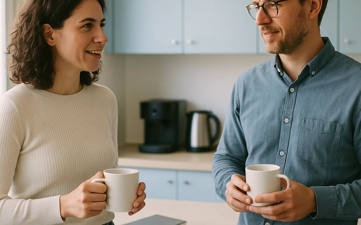 Two colleagues chatting easily in a bright kitchen
