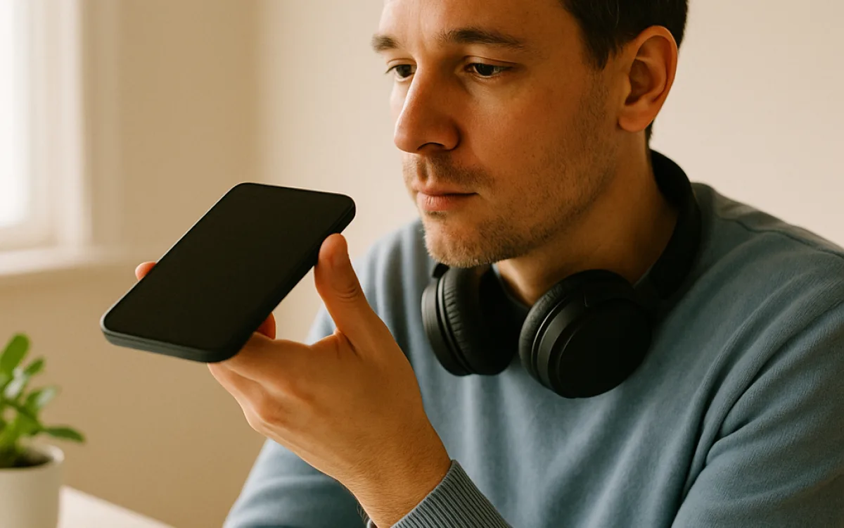 A person recording their voice into a phone to compare pronunciation