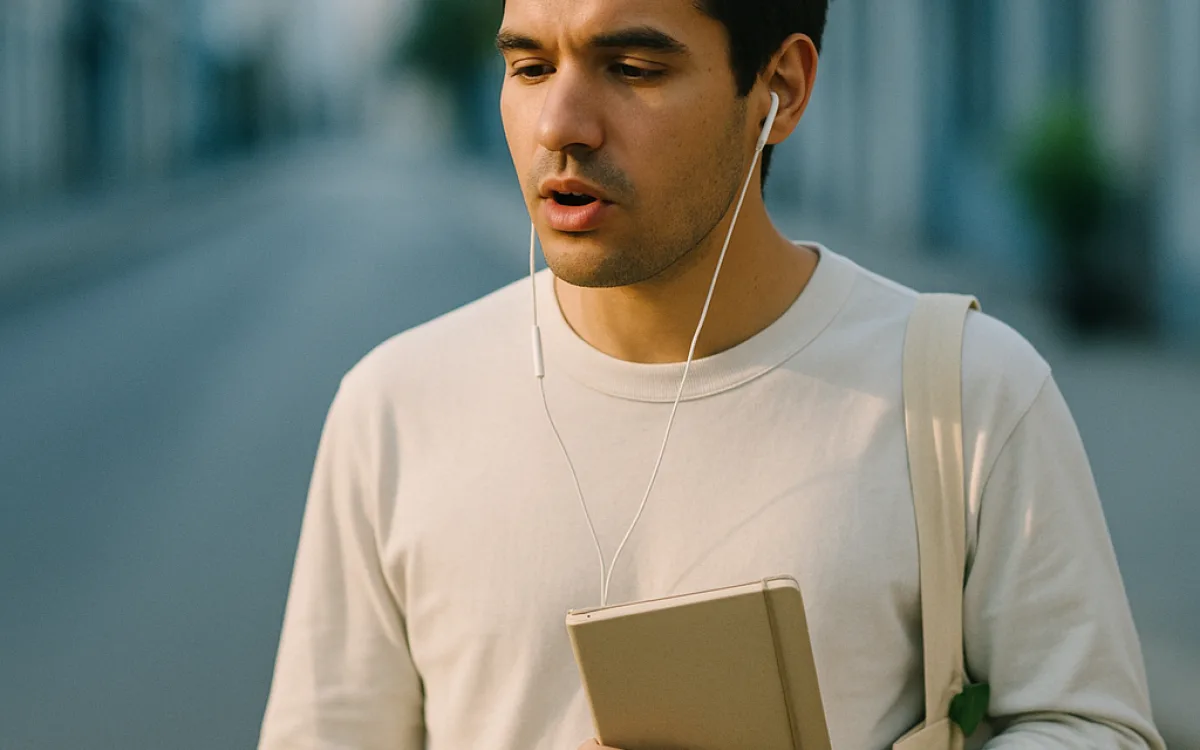 A person walking and speaking quietly to themselves in the street