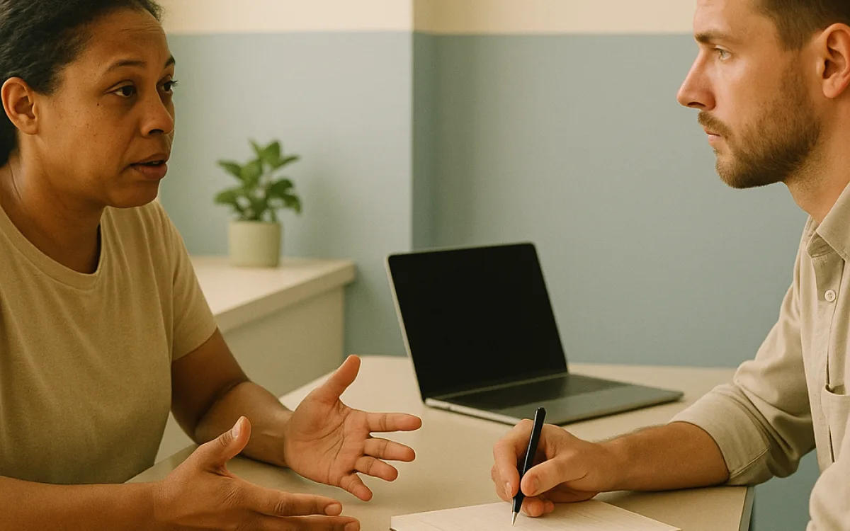 A candidate answering questions across a table from an examiner