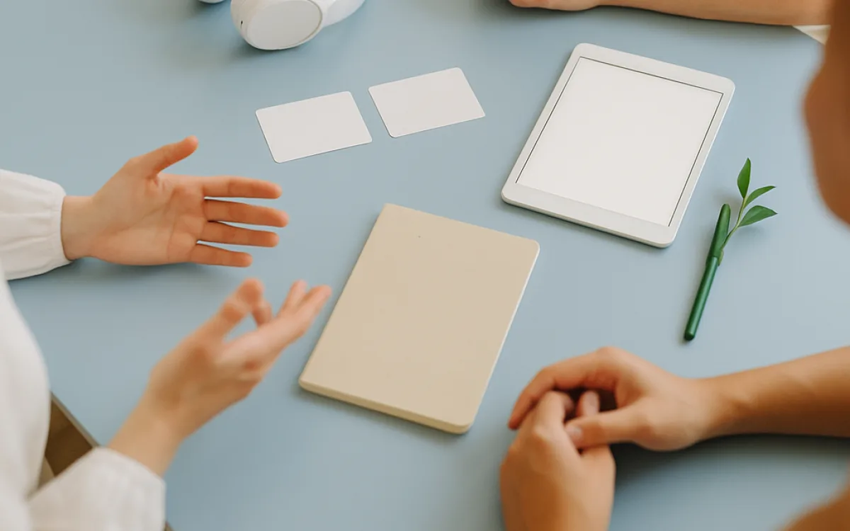 Headphones and blank flashcards laid out for listening practice