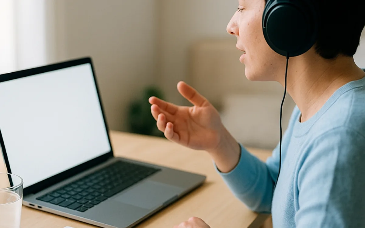 A person speaking on a video call at a home desk with headphones on