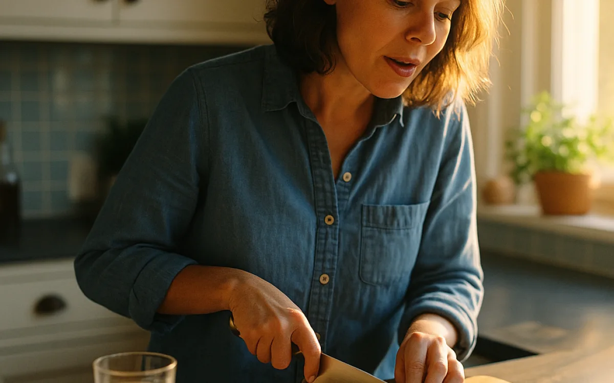 A person talking to themselves while cooking in a home kitchen