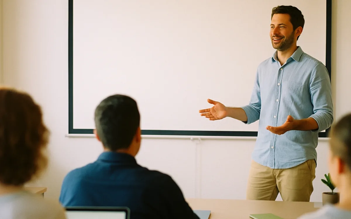 A speaker presenting to a small audience beside a blank screen
