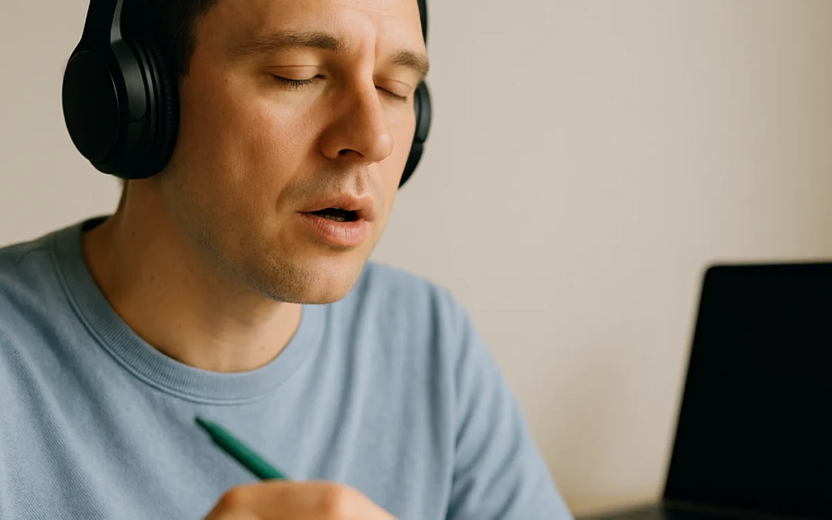 A person shadowing audio with headphones on, speaking along