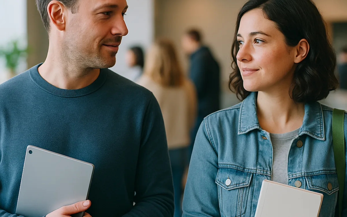 Two strangers making light conversation while waiting in a queue