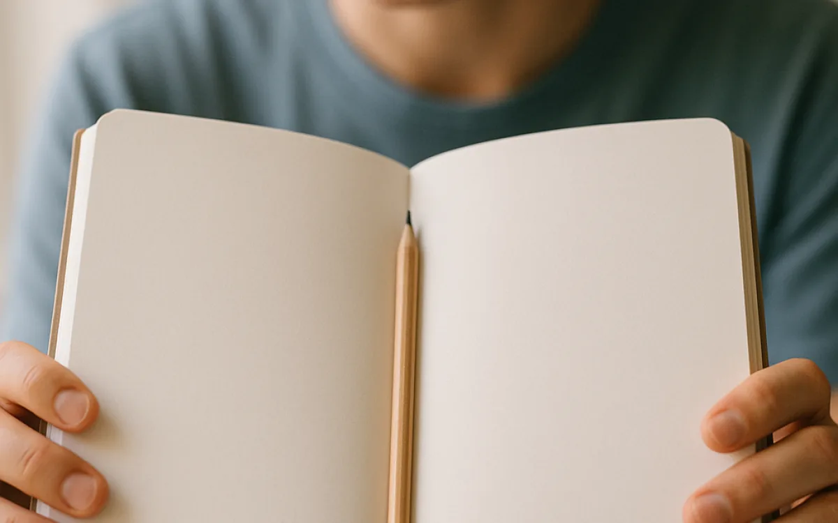 A beginner practising short English sentences from a blank notebook